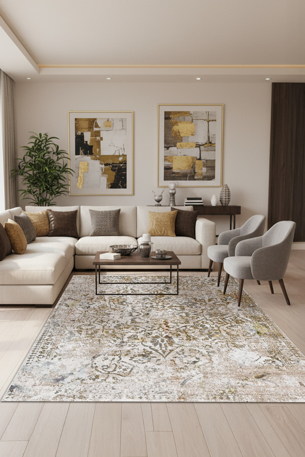 Olden Vintage Desenli Pamuk Tabanlı Yıkanabilen Kaydırmaz Antibakteriyel Şönil Salon Halısı