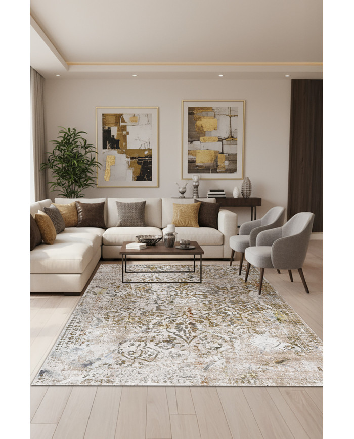 Olden Vintage Desenli Pamuk Tabanlı Yıkanabilen Kaydırmaz Antibakteriyel Şönil Salon Halısı