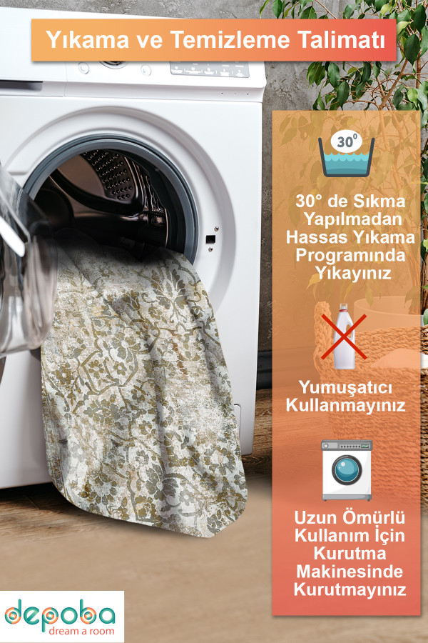 Olden Vintage Desenli Pamuk Tabanlı Yıkanabilen Kaydırmaz Antibakteriyel Şönil Salon Halısı