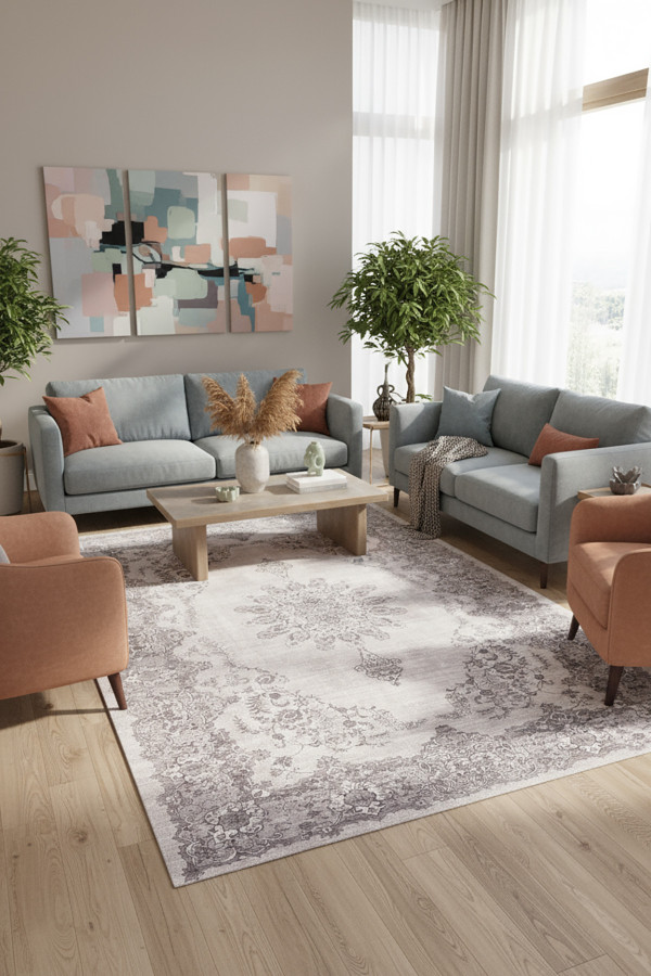 Selvane Vintage Desenli Pamuk Tabanlı Yıkanabilen Kaydırmaz Antibakteriyel Şönil Salon Halısı