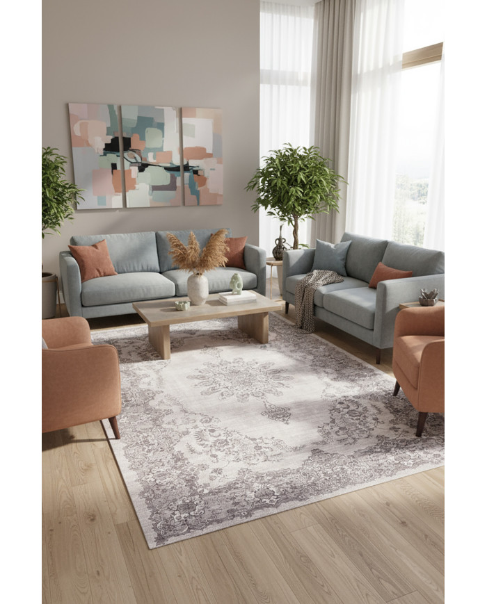 Selvane Vintage Desenli Pamuk Tabanlı Yıkanabilen Kaydırmaz Antibakteriyel Şönil Salon Halısı