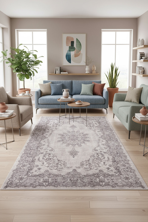 Selvane Vintage Desenli Pamuk Tabanlı Yıkanabilen Kaydırmaz Antibakteriyel Şönil Salon Halısı