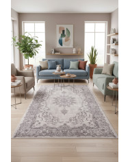 Selvane Vintage Desenli Pamuk Tabanlı Yıkanabilen Kaydırmaz Antibakteriyel Şönil Salon Halısı