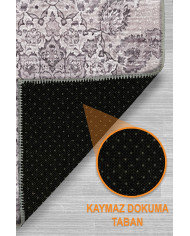 Selvane Vintage Desenli Pamuk Tabanlı Yıkanabilen Kaydırmaz Antibakteriyel Şönil Salon Halısı