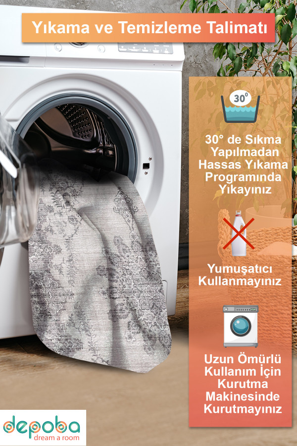 Selvane Vintage Desenli Pamuk Tabanlı Yıkanabilen Kaydırmaz Antibakteriyel Şönil Salon Halısı