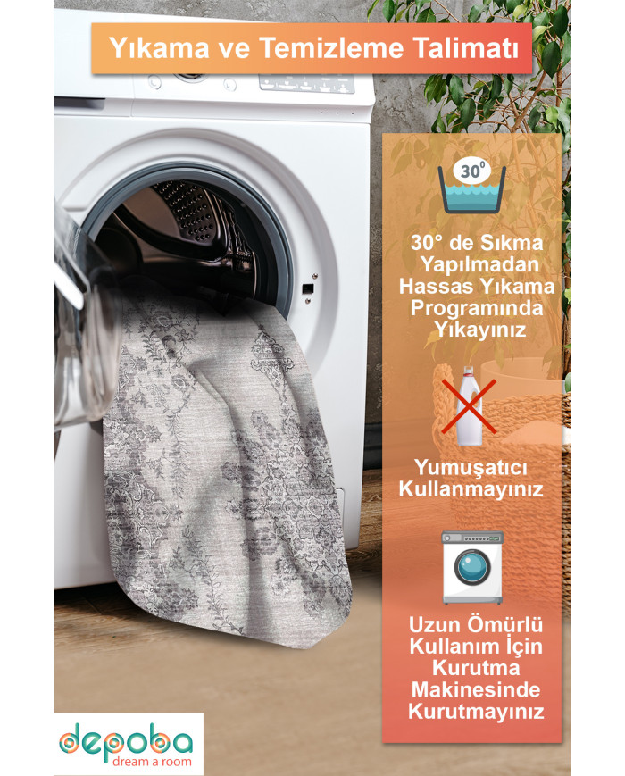 Selvane Vintage Desenli Pamuk Tabanlı Yıkanabilen Kaydırmaz Antibakteriyel Şönil Salon Halısı