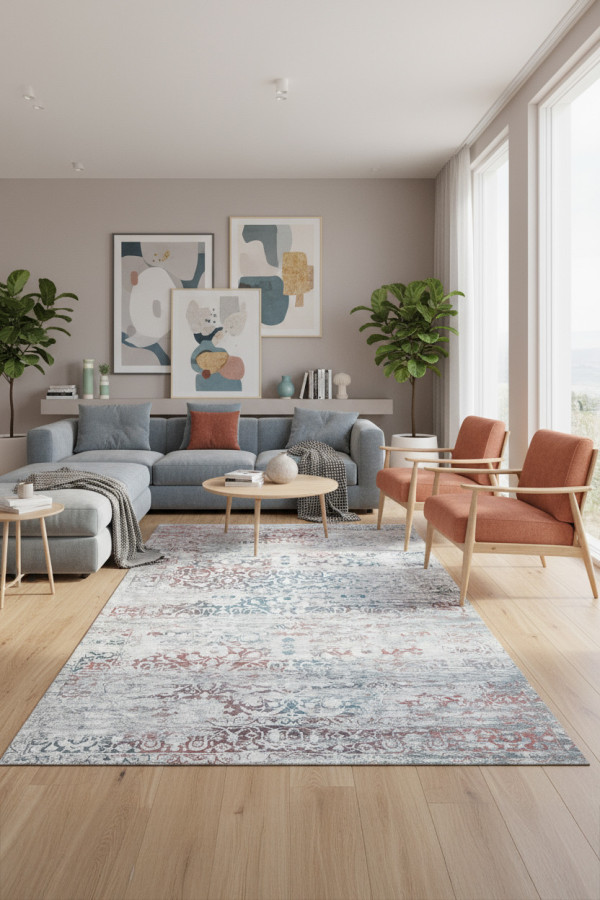 Soleth Vintage Desenli Pamuk Tabanlı Yıkanabilen Kaydırmaz Antibakteriyel Şönil Salon Halısı