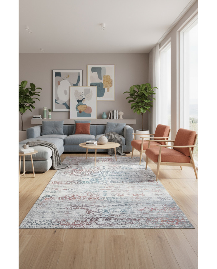 Soleth Vintage Desenli Pamuk Tabanlı Yıkanabilen Kaydırmaz Antibakteriyel Şönil Salon Halısı