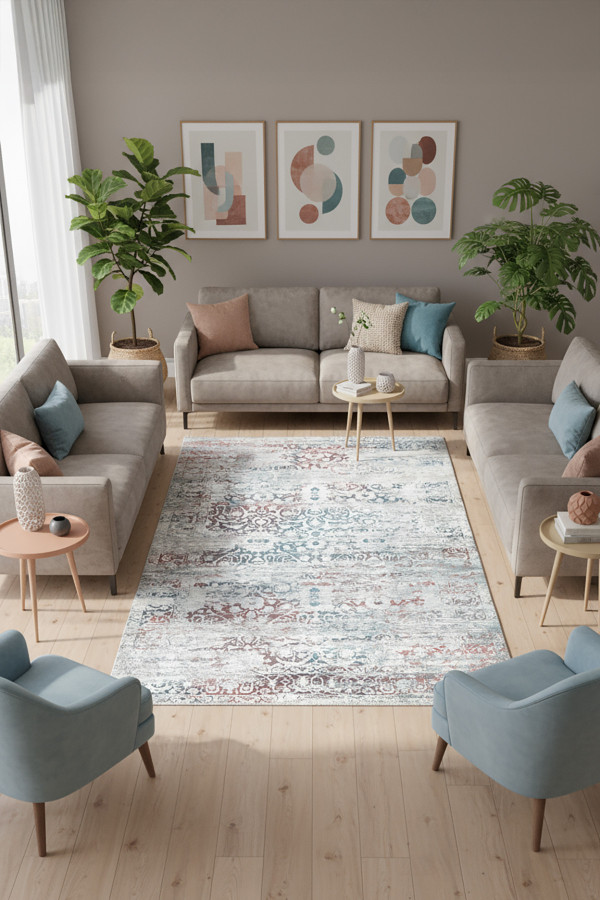 Soleth Vintage Desenli Pamuk Tabanlı Yıkanabilen Kaydırmaz Antibakteriyel Şönil Salon Halısı