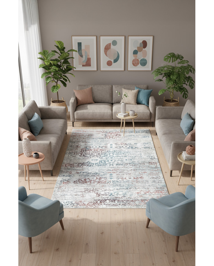 Soleth Vintage Desenli Pamuk Tabanlı Yıkanabilen Kaydırmaz Antibakteriyel Şönil Salon Halısı