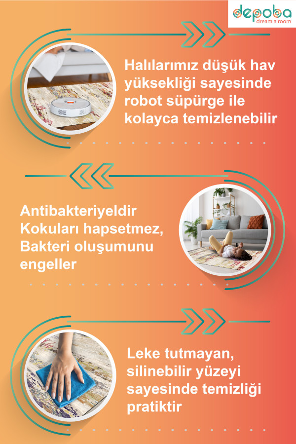 Soleth Vintage Desenli Pamuk Tabanlı Yıkanabilen Kaydırmaz Antibakteriyel Şönil Salon Halısı