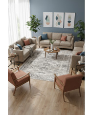 Tavron Vintage Desenli Pamuk Tabanlı Yıkanabilen Kaydırmaz Antibakteriyel Şönil Salon Halısı