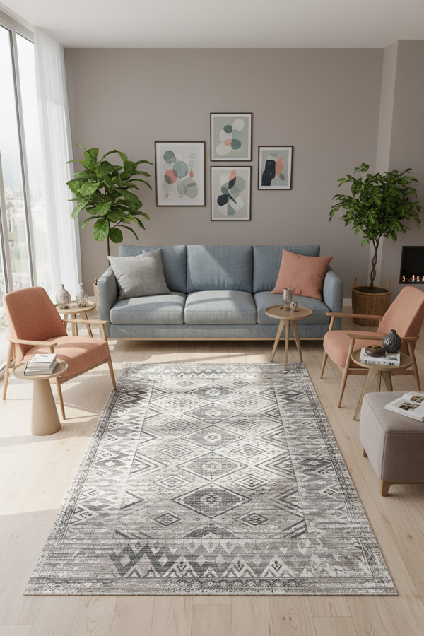 Tavron Vintage Desenli Pamuk Tabanlı Yıkanabilen Kaydırmaz Antibakteriyel Şönil Salon Halısı