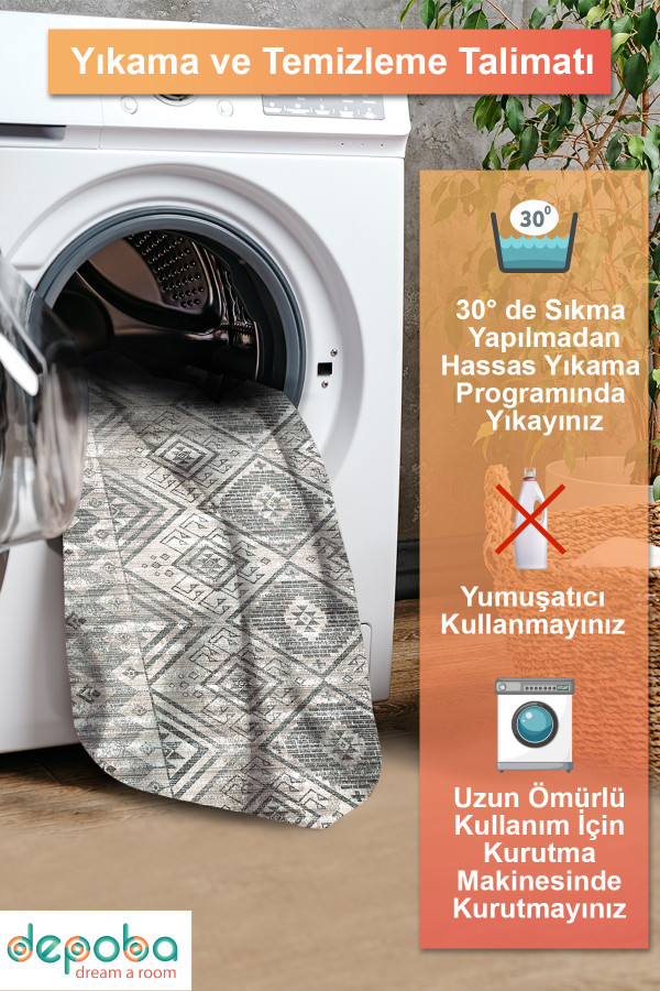 Tavron Vintage Desenli Pamuk Tabanlı Yıkanabilen Kaydırmaz Antibakteriyel Şönil Salon Halısı