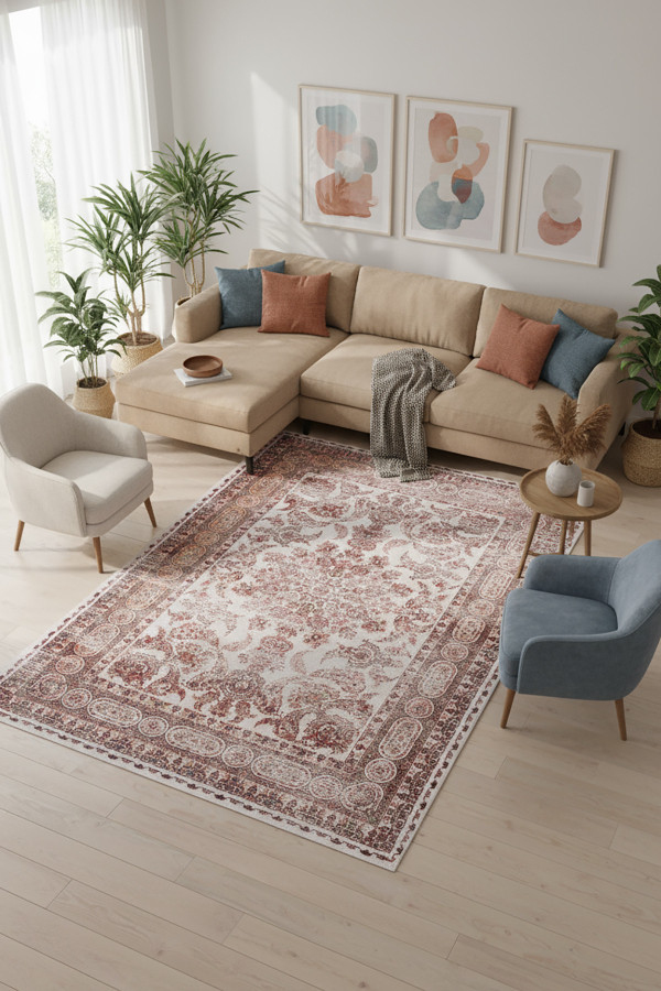 Velmor Vintage Desenli Pamuk Tabanlı Yıkanabilen Kaydırmaz Antibakteriyel Şönil Salon Halısı