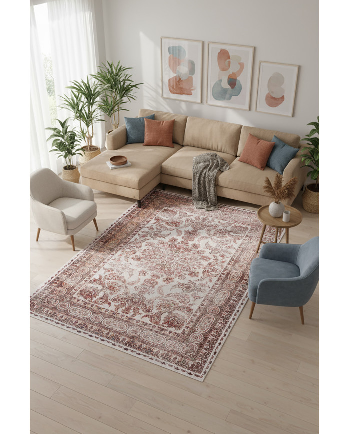 Velmor Vintage Desenli Pamuk Tabanlı Yıkanabilen Kaydırmaz Antibakteriyel Şönil Salon Halısı