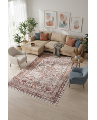 Velmor Vintage Desenli Pamuk Tabanlı Yıkanabilen Kaydırmaz Antibakteriyel Şönil Salon Halısı