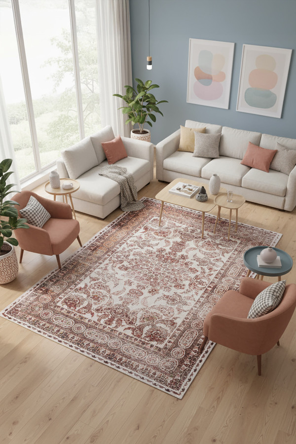 Velmor Vintage Desenli Pamuk Tabanlı Yıkanabilen Kaydırmaz Antibakteriyel Şönil Salon Halısı