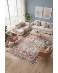 Velmor Vintage Desenli Pamuk Tabanlı Yıkanabilen Kaydırmaz Antibakteriyel Şönil Salon Halısı