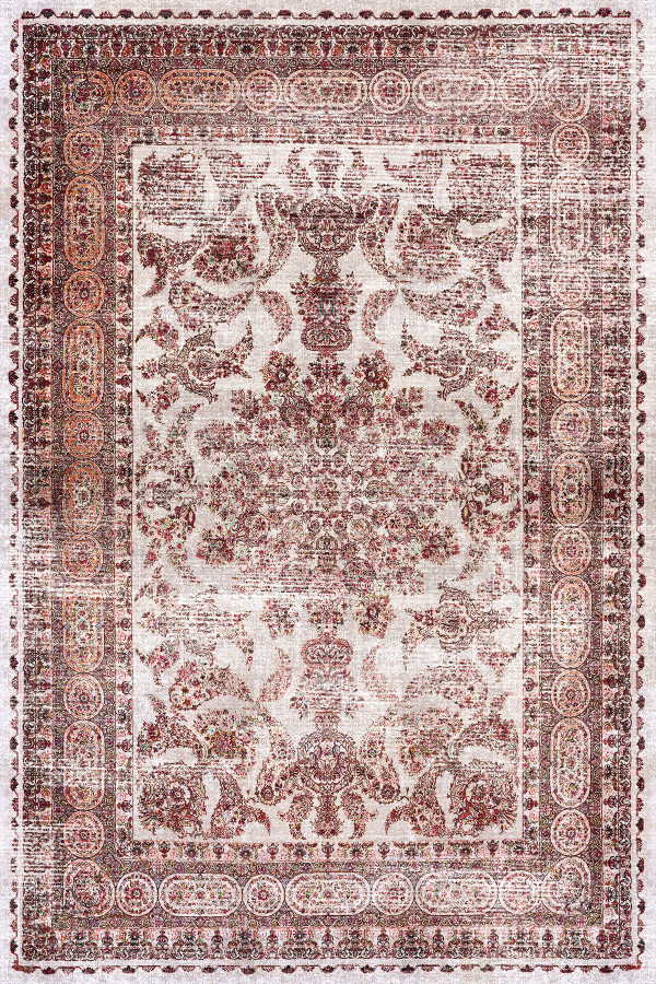 Velmor Vintage Desenli Pamuk Tabanlı Yıkanabilen Kaydırmaz Antibakteriyel Şönil Salon Halısı