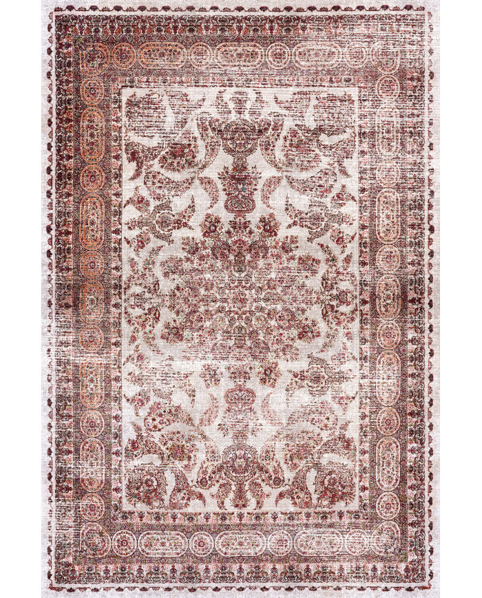 Velmor Vintage Desenli Pamuk Tabanlı Yıkanabilen Kaydırmaz Antibakteriyel Şönil Salon Halısı