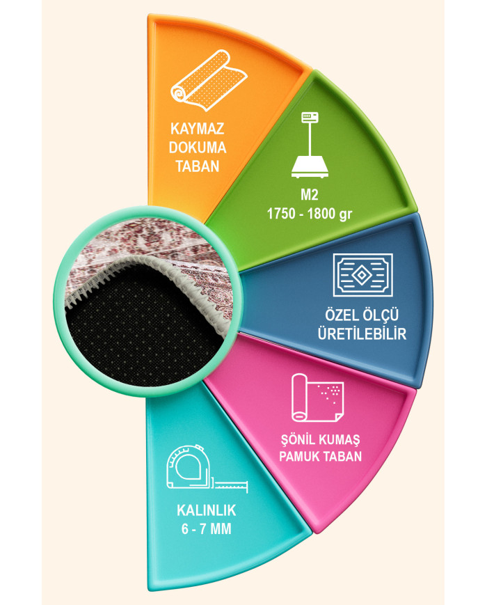 Velmor Vintage Desenli Pamuk Tabanlı Yıkanabilen Kaydırmaz Antibakteriyel Şönil Salon Halısı