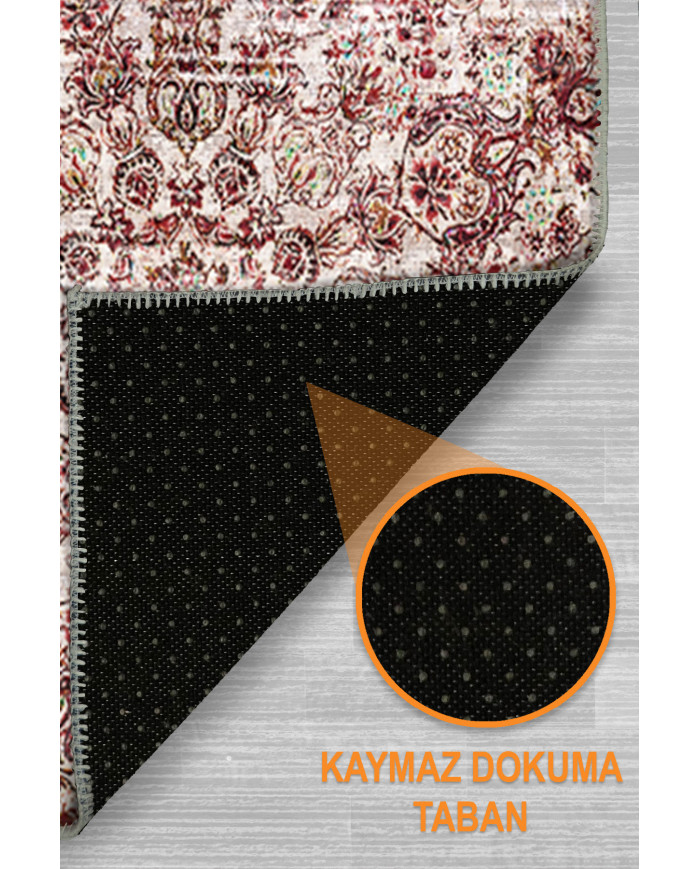 Velmor Vintage Desenli Pamuk Tabanlı Yıkanabilen Kaydırmaz Antibakteriyel Şönil Salon Halısı