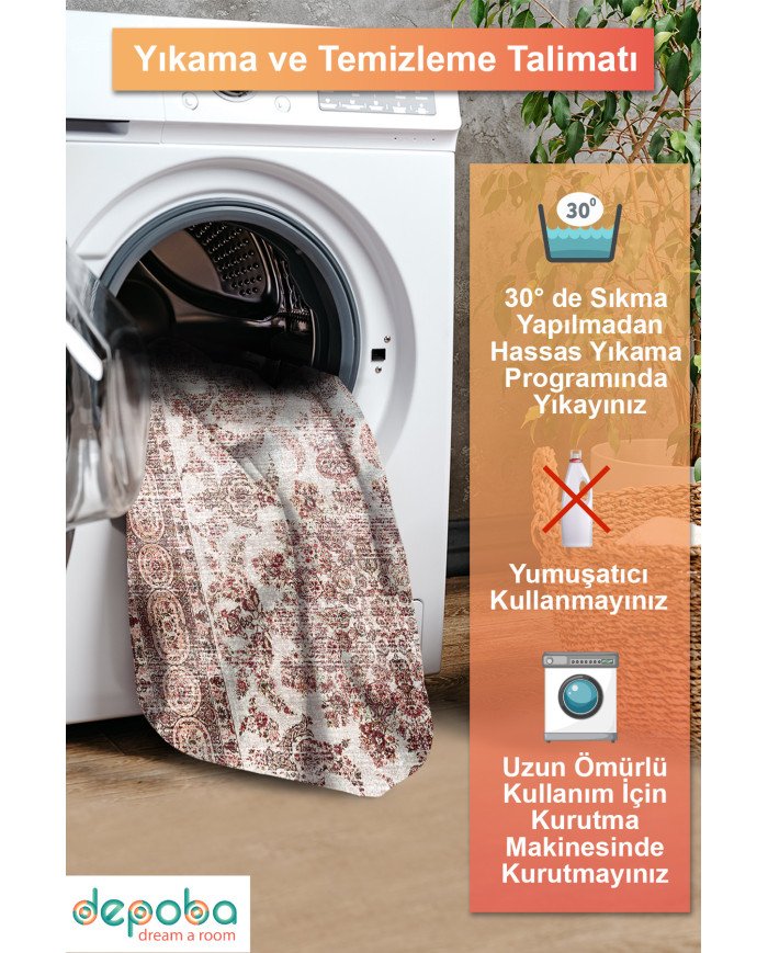 Velmor Vintage Desenli Pamuk Tabanlı Yıkanabilen Kaydırmaz Antibakteriyel Şönil Salon Halısı
