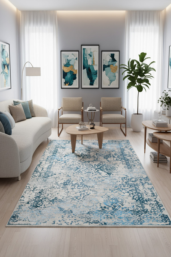 Verona Vintage Desenli Pamuk Tabanlı Yıkanabilen Kaydırmaz Antibakteriyel Şönil Salon Halısı