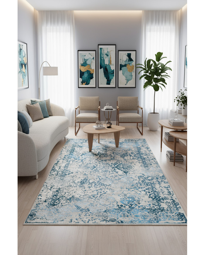 Verona Vintage Desenli Pamuk Tabanlı Yıkanabilen Kaydırmaz Antibakteriyel Şönil Salon Halısı