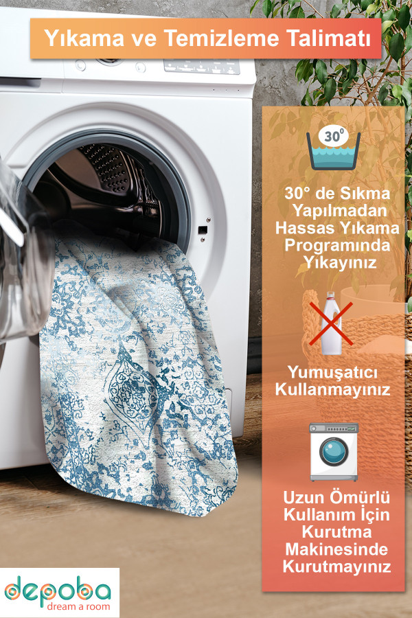 Verona Vintage Desenli Pamuk Tabanlı Yıkanabilen Kaydırmaz Antibakteriyel Şönil Salon Halısı