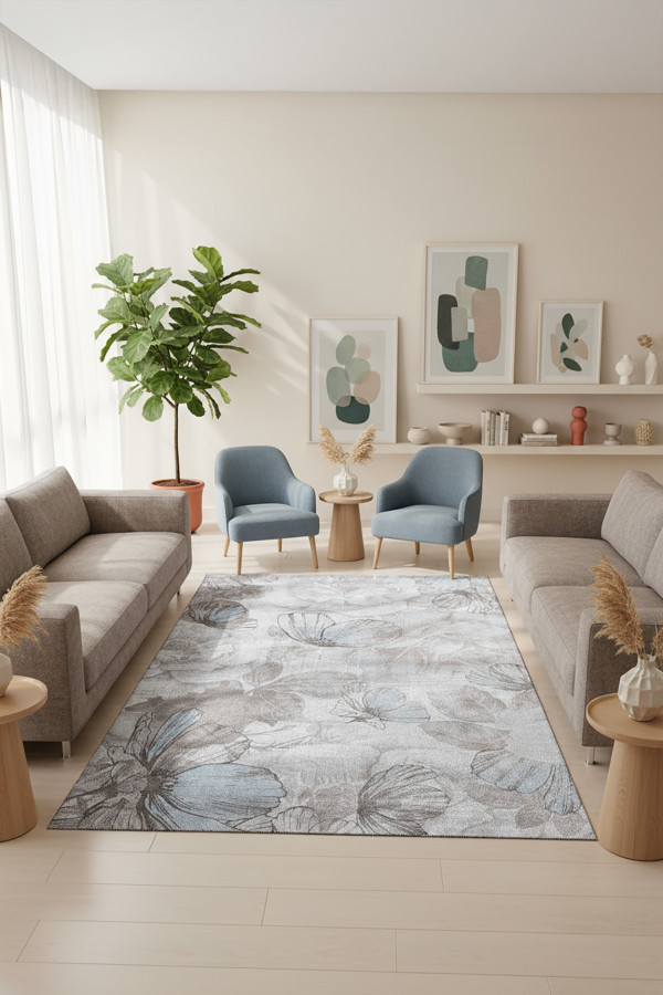 Viorra Vintage Desenli Pamuk Tabanlı Yıkanabilen Kaydırmaz Antibakteriyel Şönil Salon Halısı