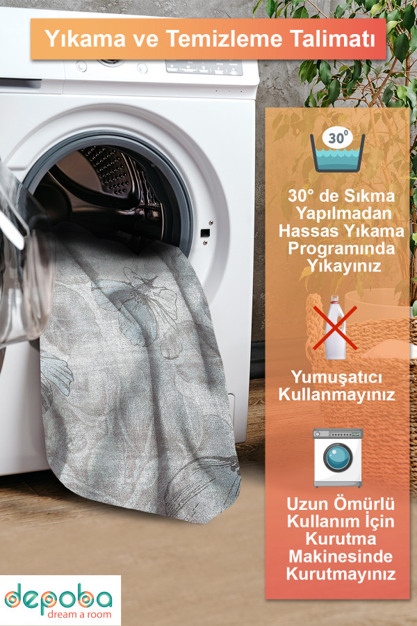 Viorra Vintage Desenli Pamuk Tabanlı Yıkanabilen Kaydırmaz Antibakteriyel Şönil Salon Halısı