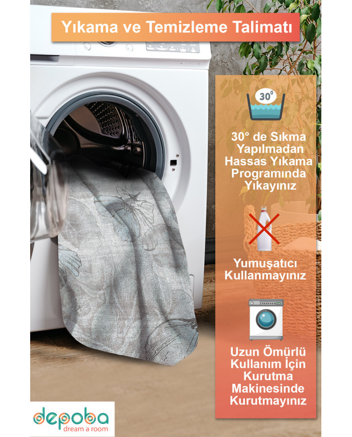 Viorra Vintage Desenli Pamuk Tabanlı Yıkanabilen Kaydırmaz Antibakteriyel Şönil Salon Halısı