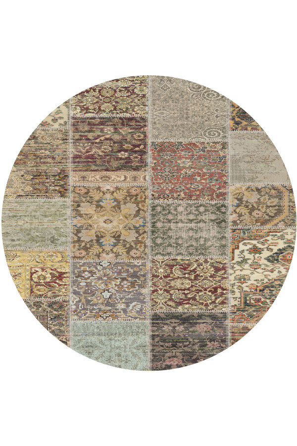 Nadine Patchwork Desenli Pamuk Tabanlı Yıkanabilen Kaydırmaz Antibakteriyel Yuvarlak Şönil Salon Halısı