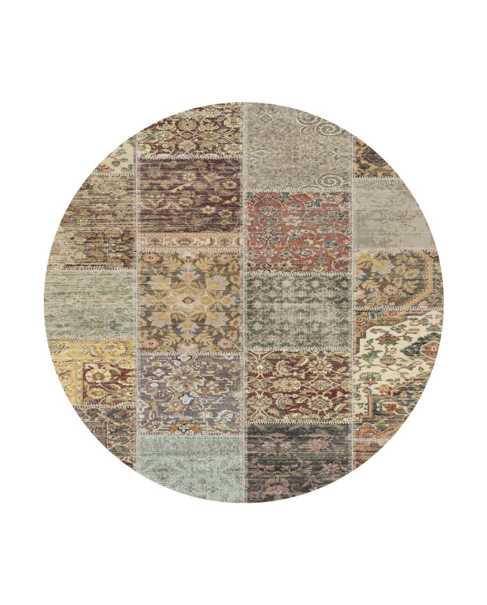 Nadine Patchwork Desenli Pamuk Tabanlı Yıkanabilen Kaydırmaz Antibakteriyel Yuvarlak Şönil Salon Halısı