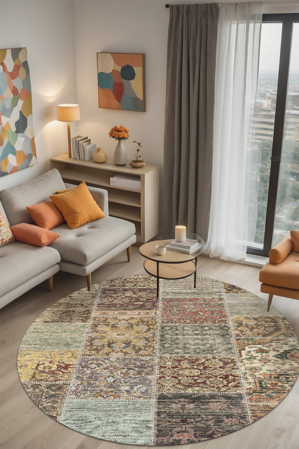 Nadine Patchwork Desenli Pamuk Tabanlı Yıkanabilen Kaydırmaz Antibakteriyel Yuvarlak Şönil Salon Halısı
