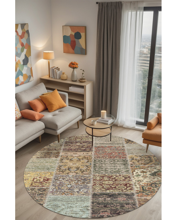 Nadine Patchwork Desenli Pamuk Tabanlı Yıkanabilen Kaydırmaz Antibakteriyel Yuvarlak Şönil Salon Halısı