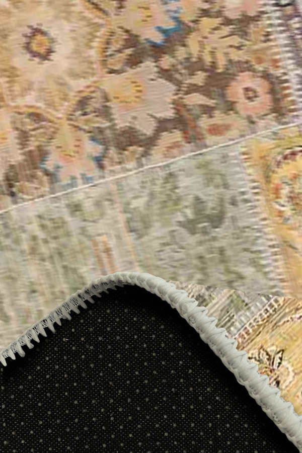 Nadine Patchwork Desenli Pamuk Tabanlı Yıkanabilen Kaydırmaz Antibakteriyel Yuvarlak Şönil Salon Halısı