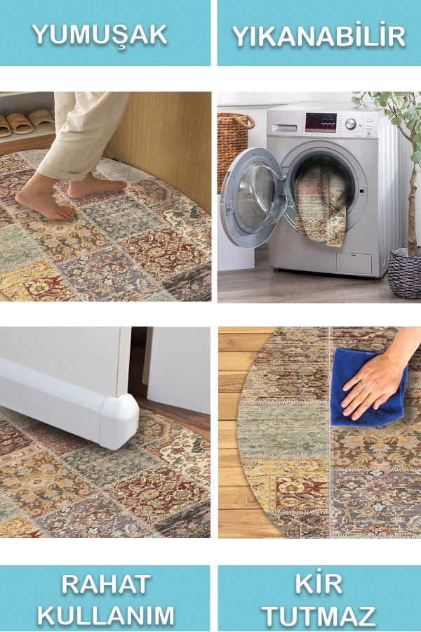 Nadine Patchwork Desenli Pamuk Tabanlı Yıkanabilen Kaydırmaz Antibakteriyel Yuvarlak Şönil Salon Halısı