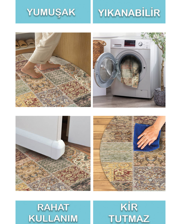 Nadine Patchwork Desenli Pamuk Tabanlı Yıkanabilen Kaydırmaz Antibakteriyel Yuvarlak Şönil Salon Halısı