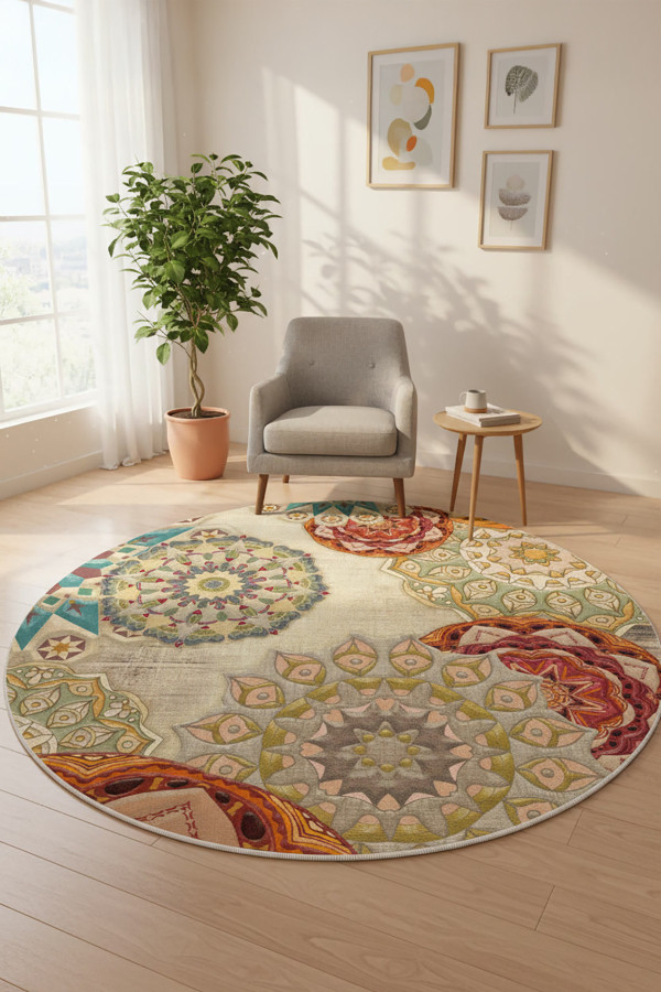 Fortana Modern Şönil Pamuk Tabanlı Yıkanabilen Kaydırmaz Antibakteriyel  Yuvarlak Halı