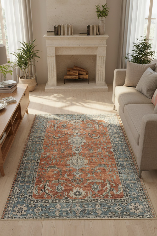 Soleil Desenli Pamuk Tabanlı Yıkanabilen Kaydırmaz Antibakteriyel Şönil Salon Halısı