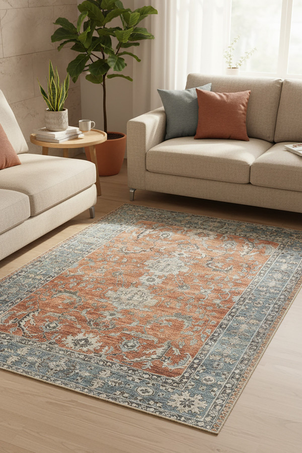 Soleil Desenli Pamuk Tabanlı Yıkanabilen Kaydırmaz Antibakteriyel Şönil Salon Halısı