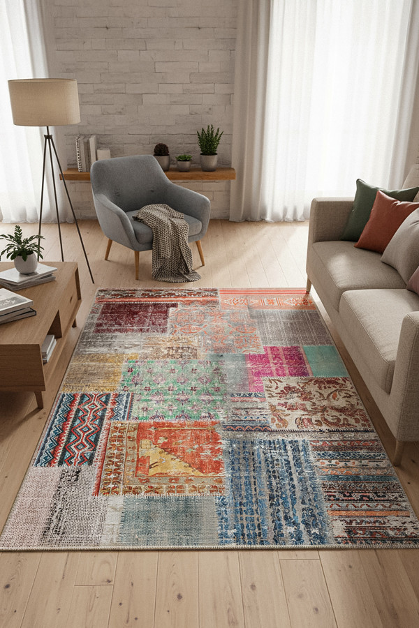 Denise Desenli Pamuk Tabanlı Yıkanabilen Kaymaz Antibakteriyel Şönil Salon Halısı