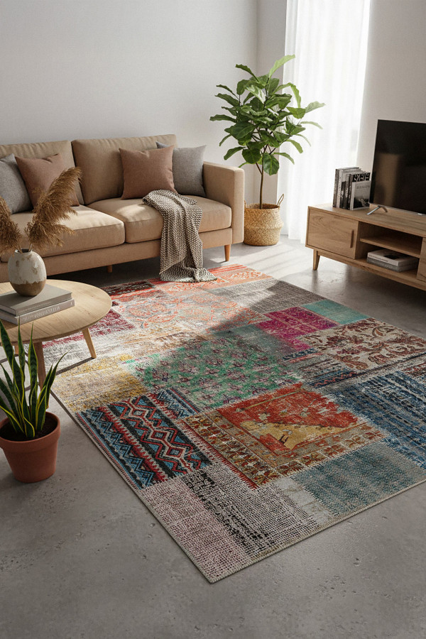 Denise Desenli Pamuk Tabanlı Yıkanabilen Kaymaz Antibakteriyel Şönil Salon Halısı