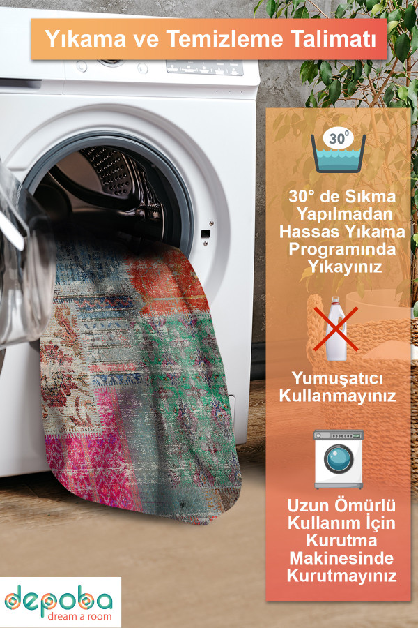 Denise Desenli Pamuk Tabanlı Yıkanabilen Kaymaz Antibakteriyel Şönil Salon Halısı