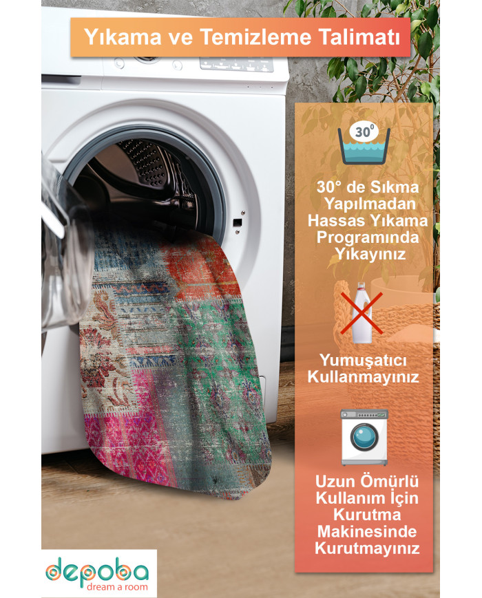 Denise Desenli Pamuk Tabanlı Yıkanabilen Kaymaz Antibakteriyel Şönil Salon Halısı