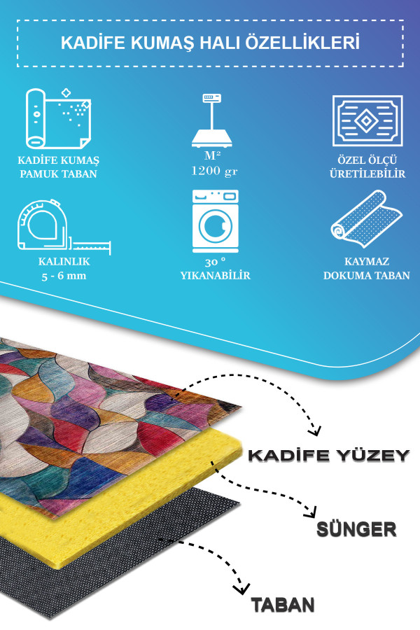 Duena Modern Kadife Pamuk Taban Kaymaz Yıkanabilen Antibakteriyel Salon Halısı