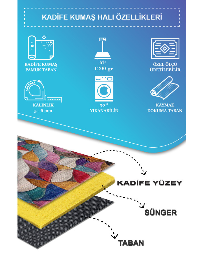 Duena Modern Kadife Pamuk Taban Kaymaz Yıkanabilen Antibakteriyel Salon Halısı